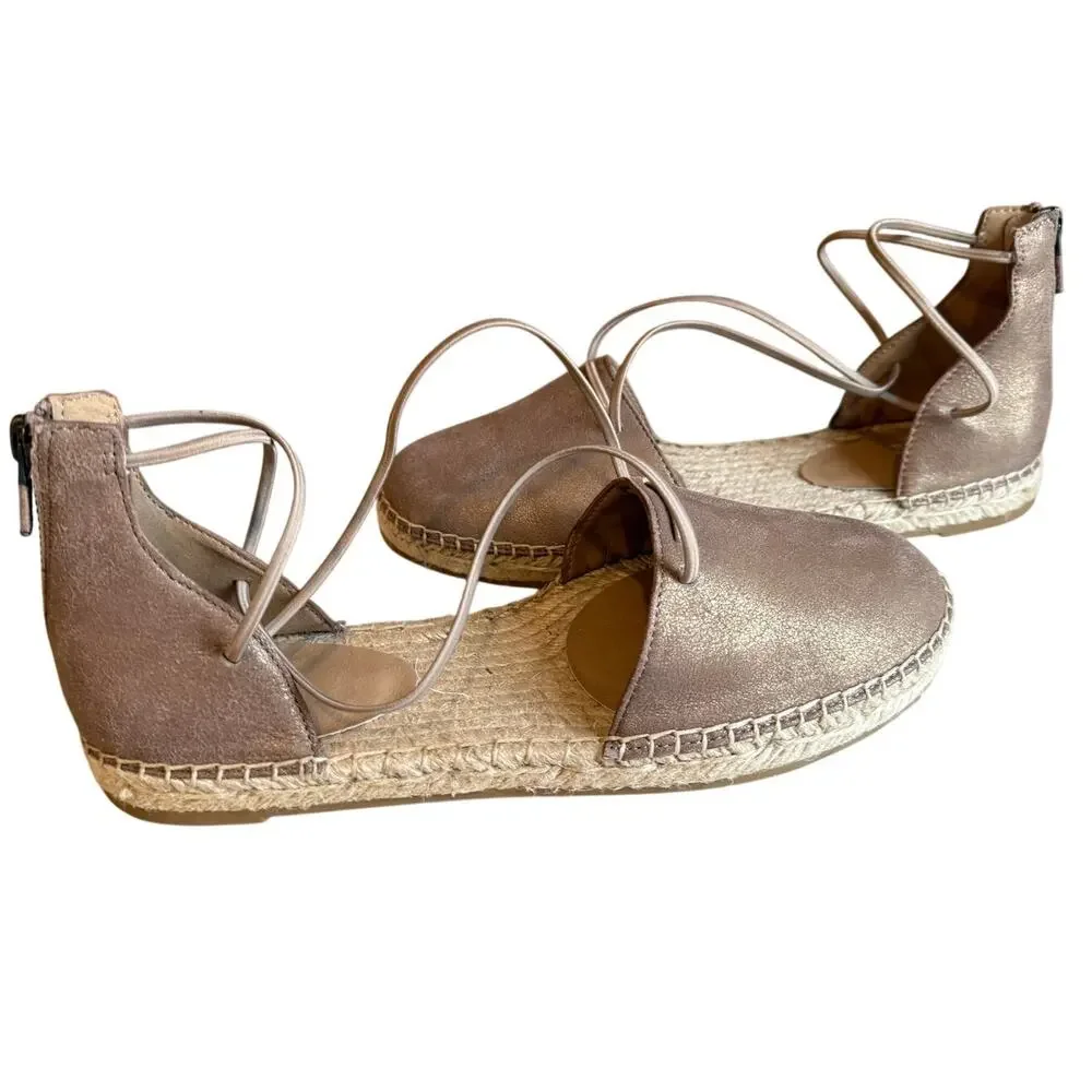 Eileen Fisher Laced Leather Espadrille Flat Sandals Platinum 8.5